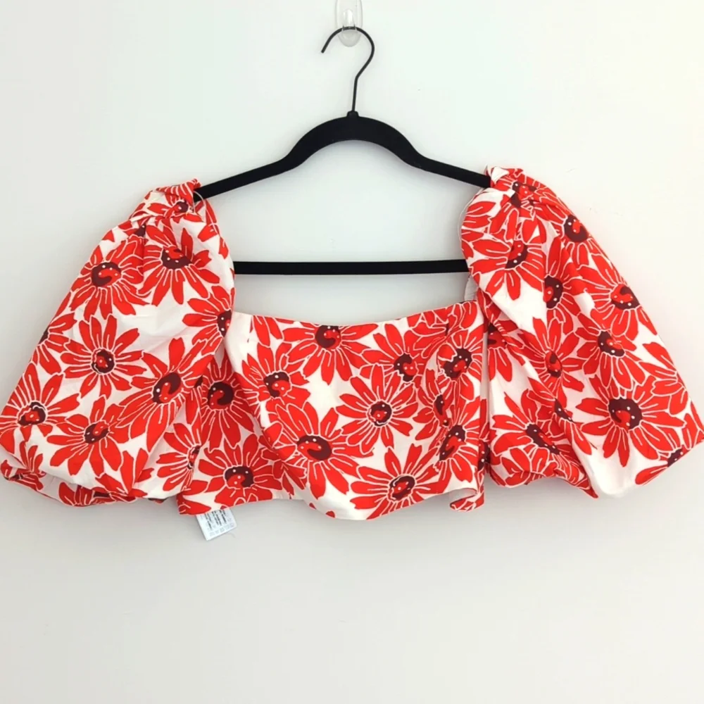 Mango‎ Floral Daisy Puff Bubble Sleeve Crop Top Blouse Size Medium Cotton - Picture 3 of 10